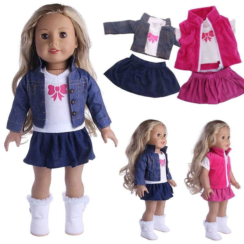 18-Zoll American Girl Puppen-Outfit Kleidung Rosa Schleifenrock Kleid Jeansjacke Set 43cm Babypuppe Reborn-Puppen Kleidung ﻿