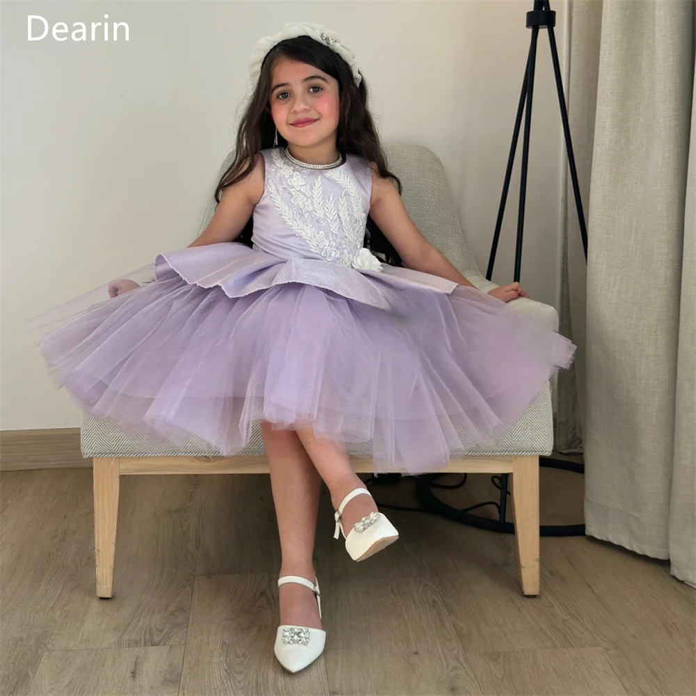 

Dearin Scoop Neckline Ball Gown Tea length Skirts Draped Layered Tulle Flower Girl Dresses