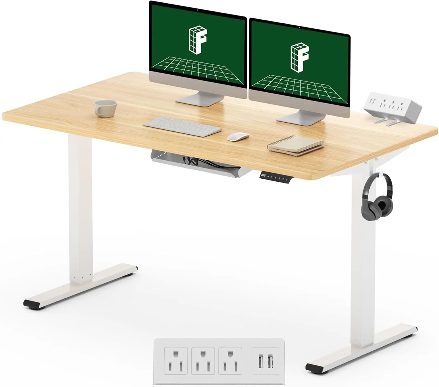 Electric Height Adjustable Desk 55 x 28'' Whole-Piece Desk Standing Desk Stand Up  Workstation with Clamp Power Strip