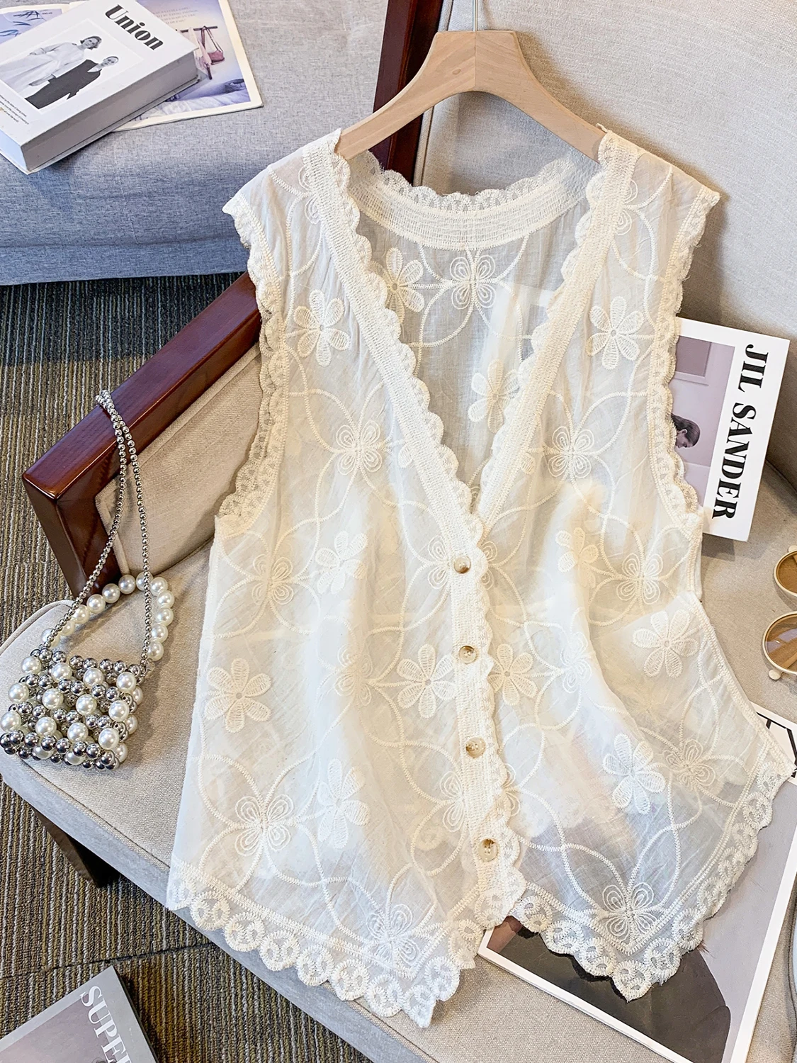 

Свободный повседневный открытый кардиган с v-образным вырезом и вышивкой, Новое поступление лета, женская майка средней длины на одной пуговице