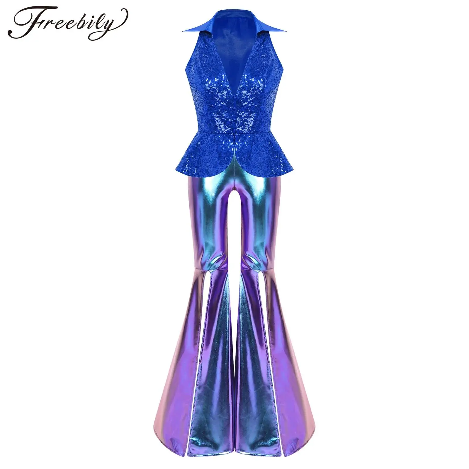 

Women 70s 80s Pants Suits Disco Costume Clubbing Trouser Sets Lapel Sequin Vest Tops Flares Cocktail Festival Rave Outfit