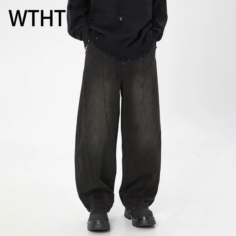 

WTHT Fashion Men's Gradient Do Old Spliced Design Denim Pants Vintage New Wide Leg Straight Jeans Male 2026 Spring 2A2759