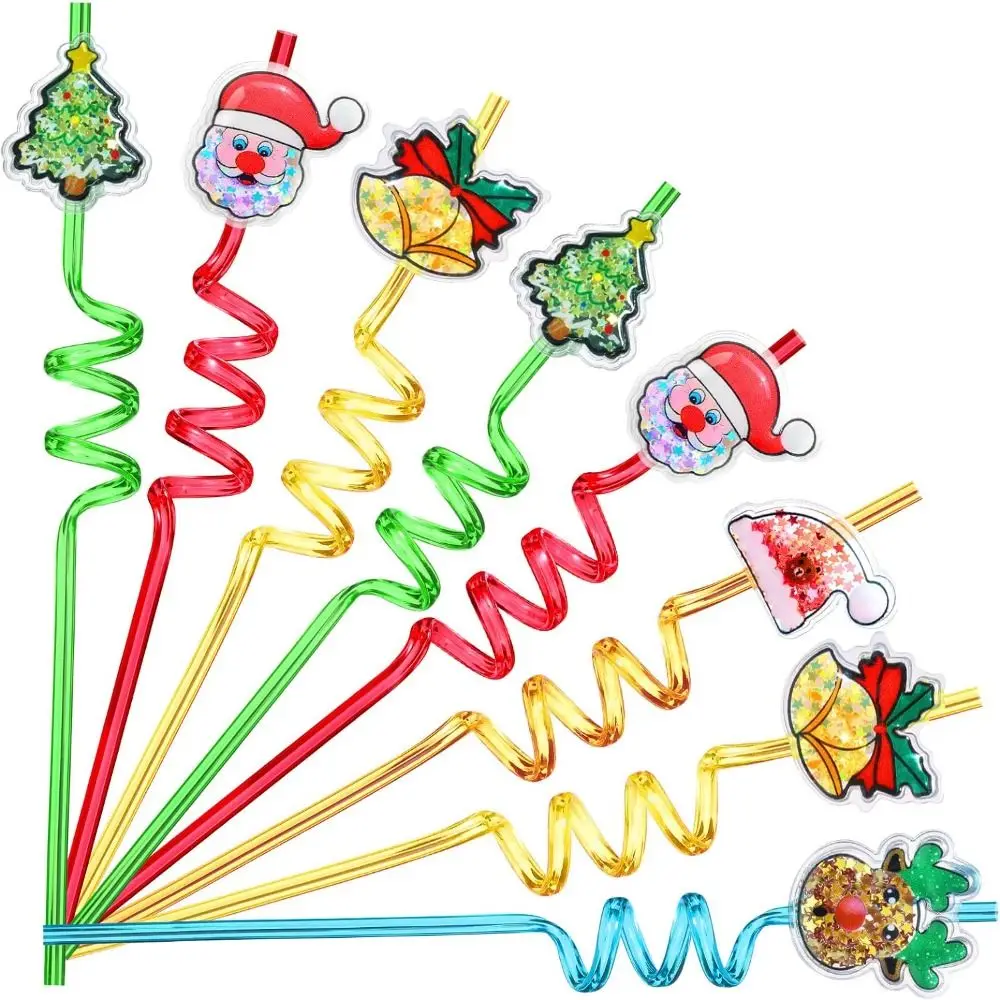 6pcs Spiral Christmas Spiral Straw Food Grade Santa Claus Snowman Christmas Cartoon Straw Reusable Thickened