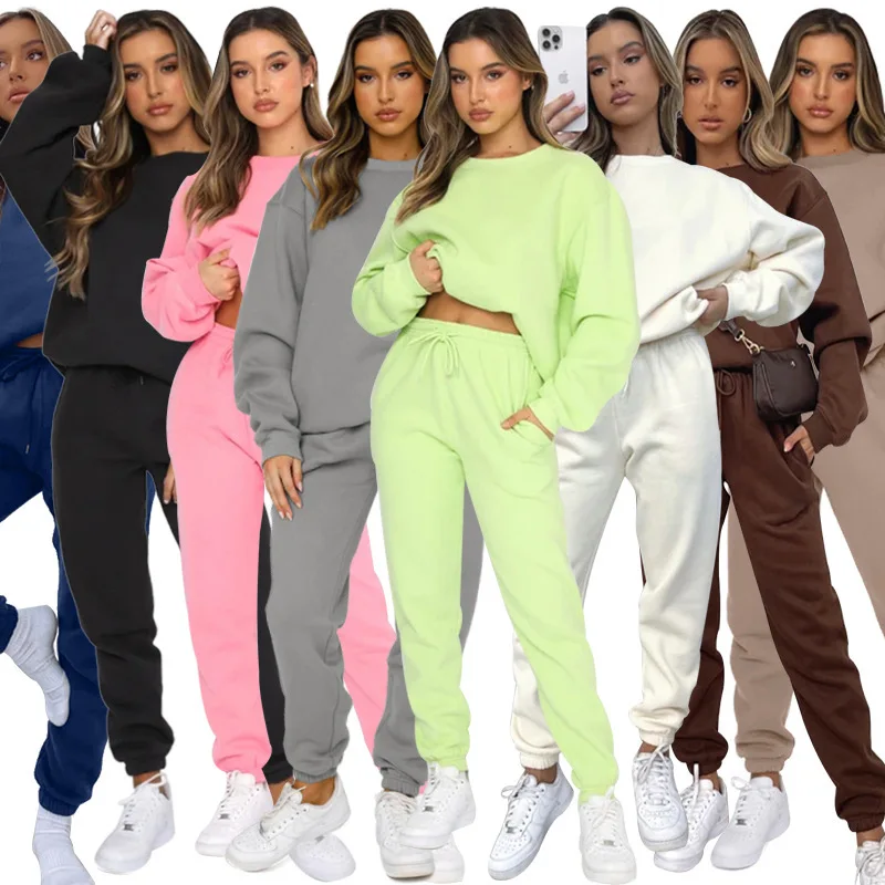 

Fashion Muslim Sets Autumn Winter Solid Color Round Neck Pullover Long Pants Suit Fashion Casual Long Sleeve Women Hoodies Set