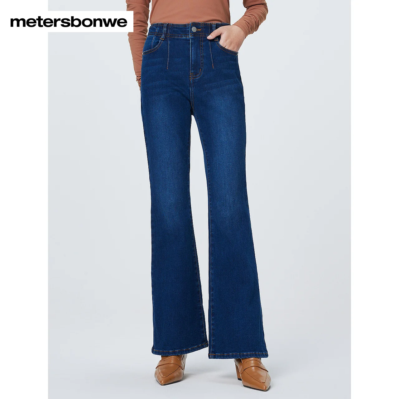 

Metersbonwe-Women's Xshape Jeans Thick Fleece High-waist Warm Skinny Flare Jeans Vintage Slim Sweet Winter