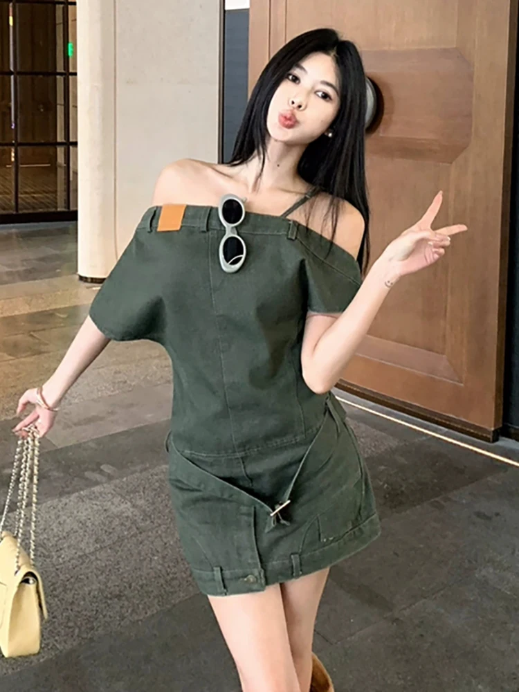 فستان قصير من RORORIRI Grayu مكشوف الأكتاف من قماش الدنيم للنساء بحزام عادي رأسًا على عقب فستان قصير ضيق ملابس خروج عتيقة #3