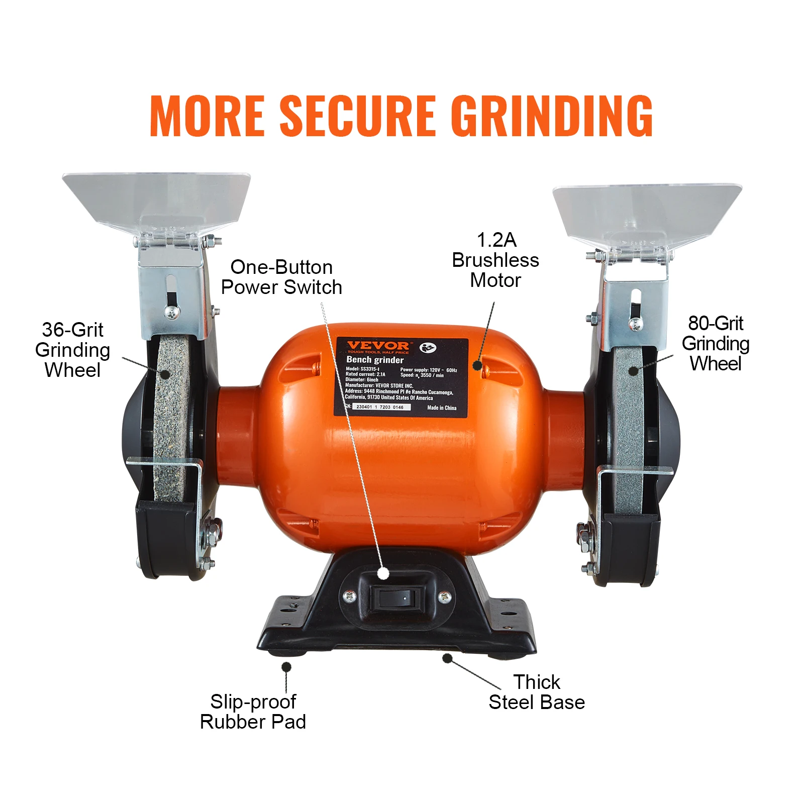 VEVOR 6 Inch Bench Grinder with 2.1A Brushless Motor Single Speed Table Grinder Knife Sharpener for Household Polishing Sharping