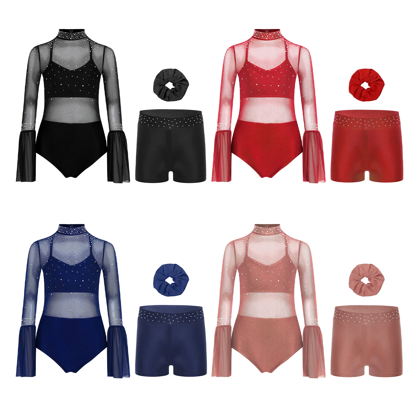 Kids Girls Ballet Gymnastics Sets Figure Skating Dance Outfit Flare Sleeve Backless Rhinestone Leotard with Shorts and Headwear