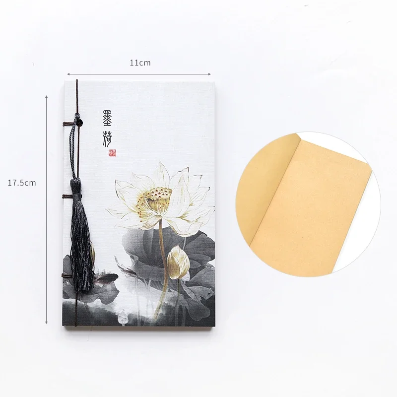 Chinese Style Lotus Vintage Notebook with Tassel Blank Kraft Portable Craft Blank Mini Notebook Notepad