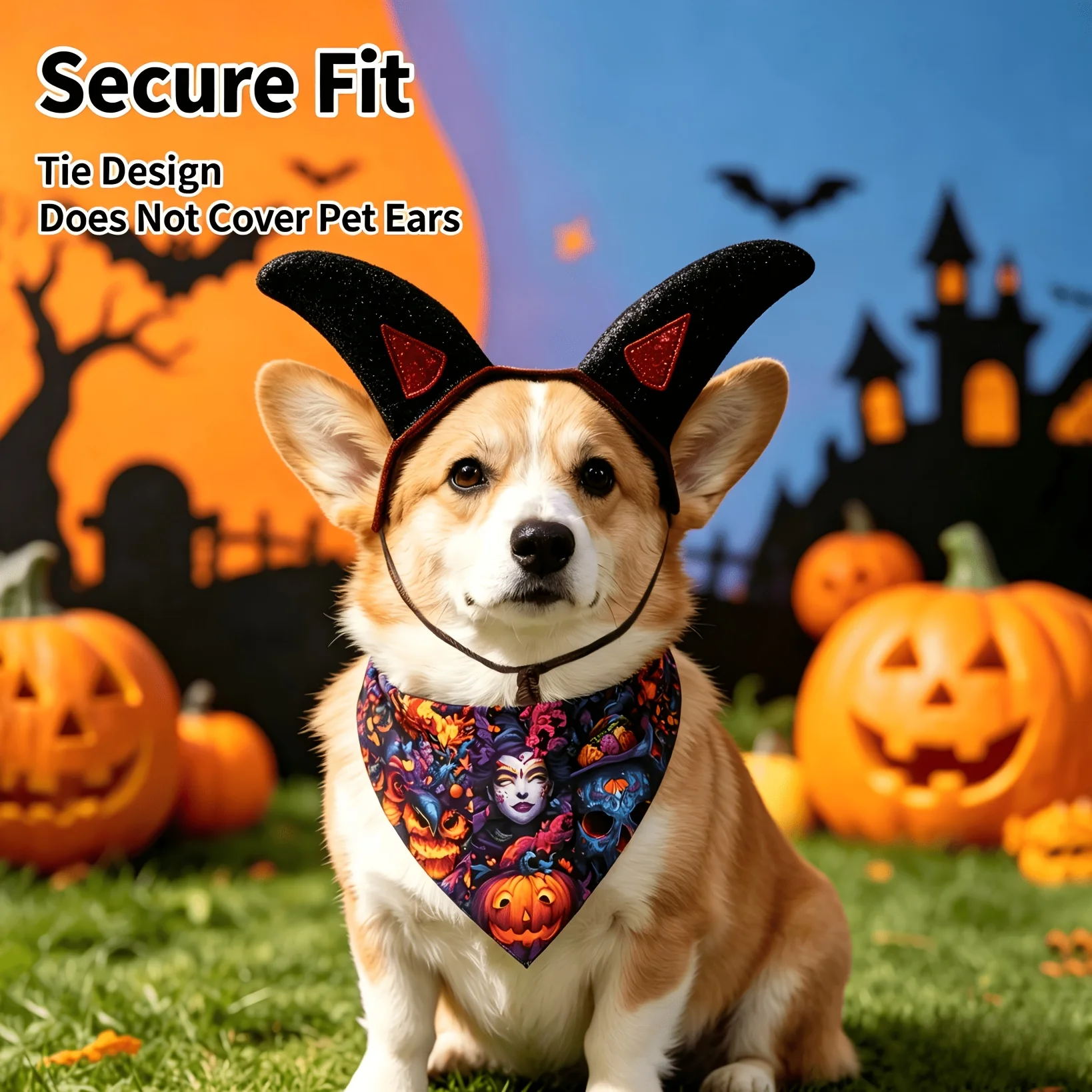 Halloween Small Pet Cosplay Dress Up Set - Soft Adjustable Wizard Hat & Devil Print Bandana for Holiday Party
