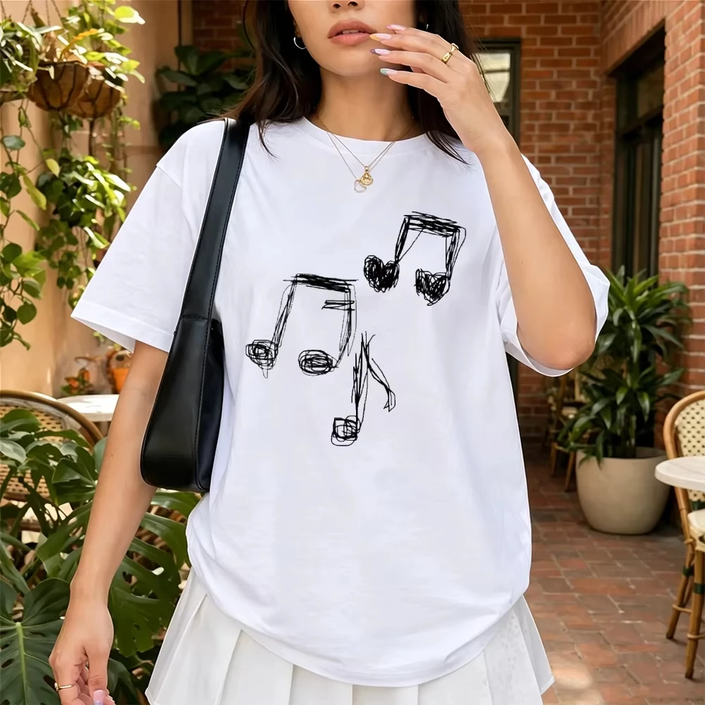 Sketch Music Note Illustration Women's Vintage White Short Sleeve Blouse Hand Drawn Style Art Tee Shirt Y2K Aesthetic Clothes