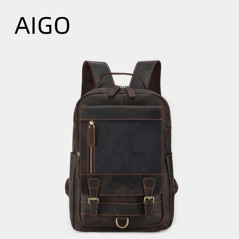 AIGO Vintage Genuine Leather Backpack Laptop Bag Crazy-horse Leather School Bag Outdoor Travel Weekender Shoulder Bag Mochila