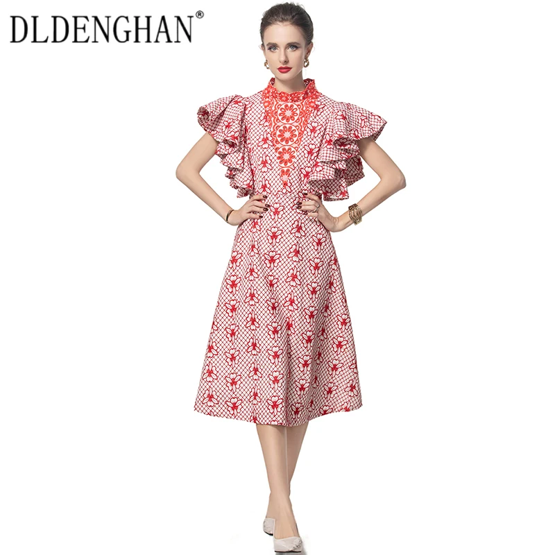 

DLDENGHAN Hollow Out Embroidery Dress For Women Stand Collar Flying Sleeves Red Vintage Dresses Fashion Summer New