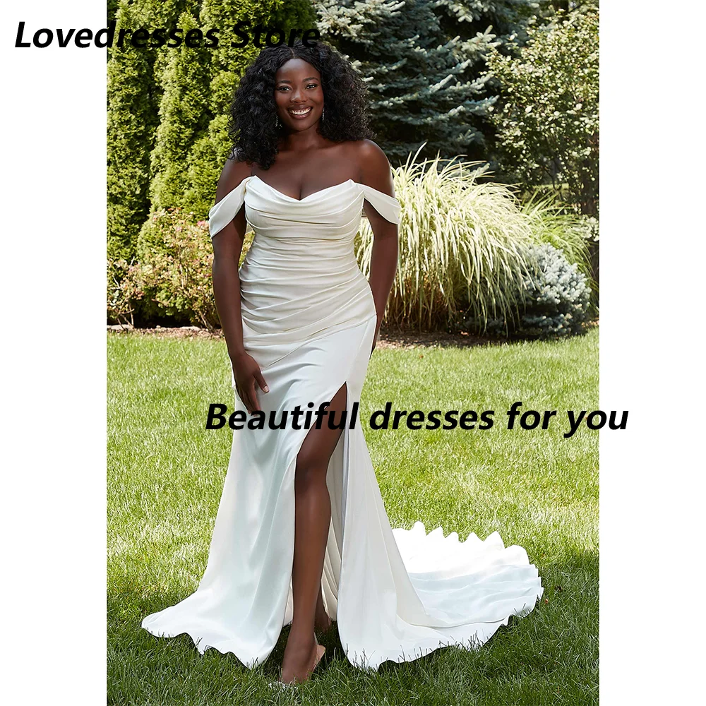 Cheap Wedding Dress Customized Off Shoulder A Line Satin Side Slit  Sweep Train Bridal Gown Sweetheart Backless Bride Dresses