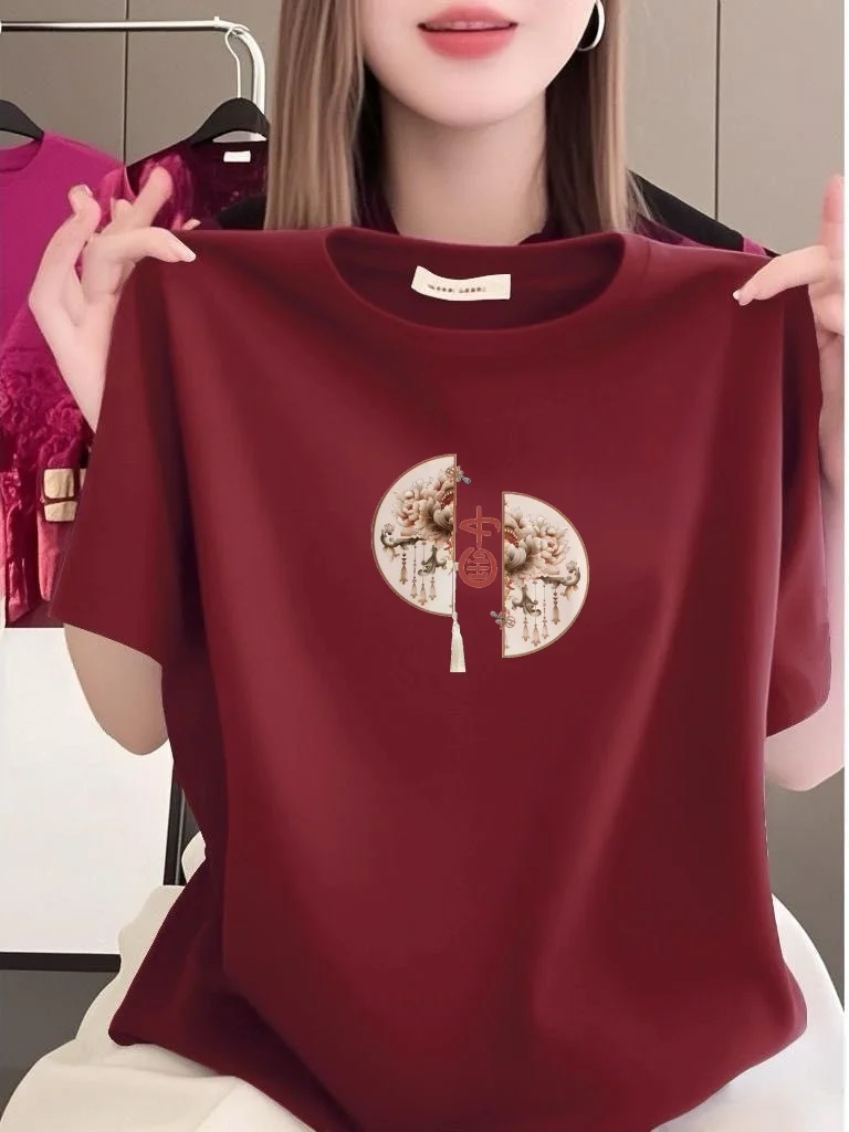 

Summer Loose Women's T-shirt Short Sleeve Slimming Print Casual Fashionable Middle-Aged Women's Top Polyester Fiber round Neck