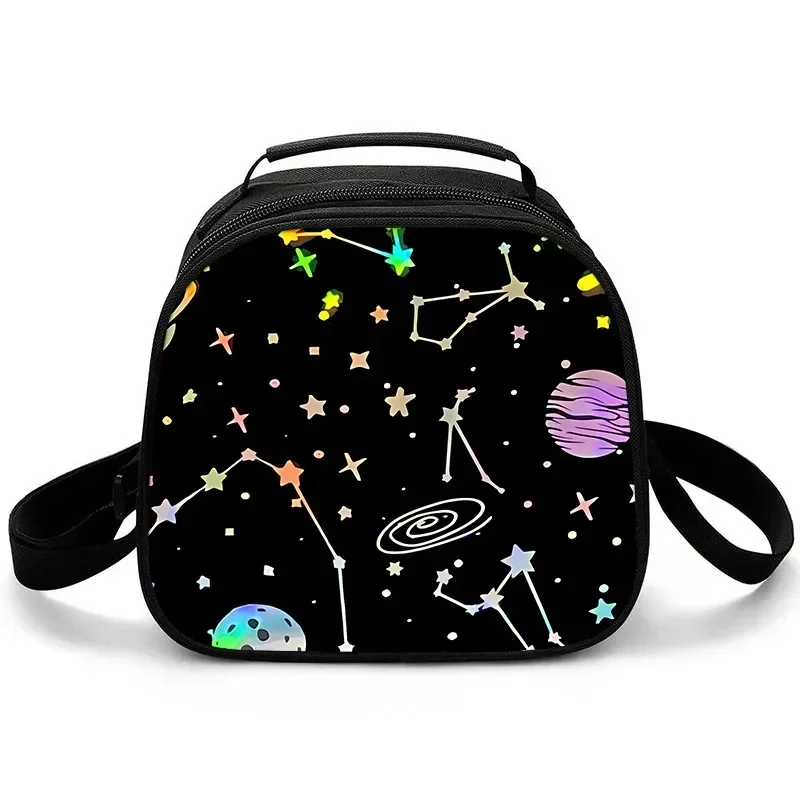 Galactic Universe Single-Sided Shoulder Strap Circular Lunch Bag/Handbag Zipper Portable Travel Food Box Picnic Pouch
