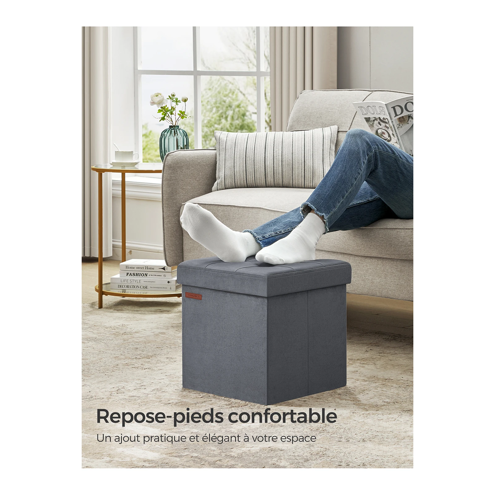 SONGMICS Foldable Velvet Storage Ottoman:38 x 38 cm Footstool,Storage Bench (300 kg capacity) for Entryway,Living Room,Bedroom.