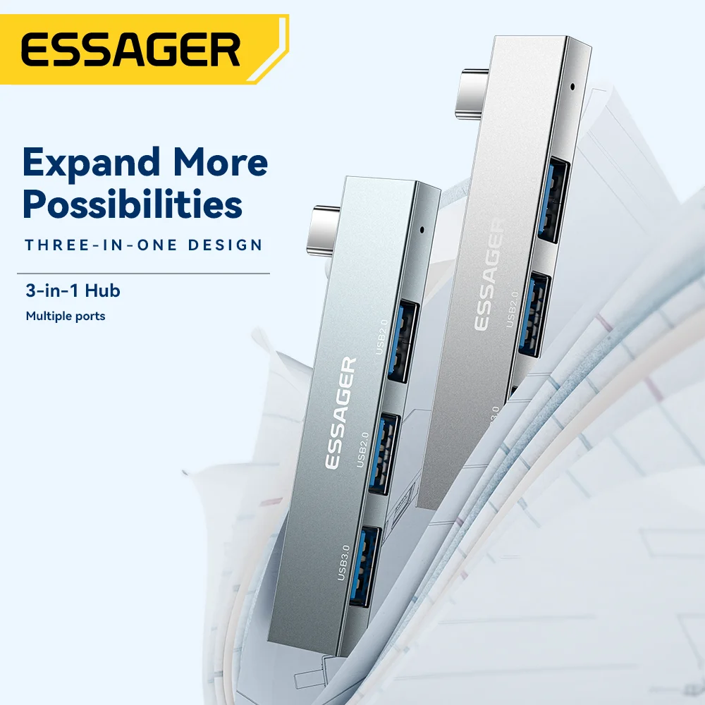 Essager 3 in 1 Type C to USB Hub 3 Ports C Extended Plug Portable USB C High Speed USB Hub For Macbook Pro Computer Accessories