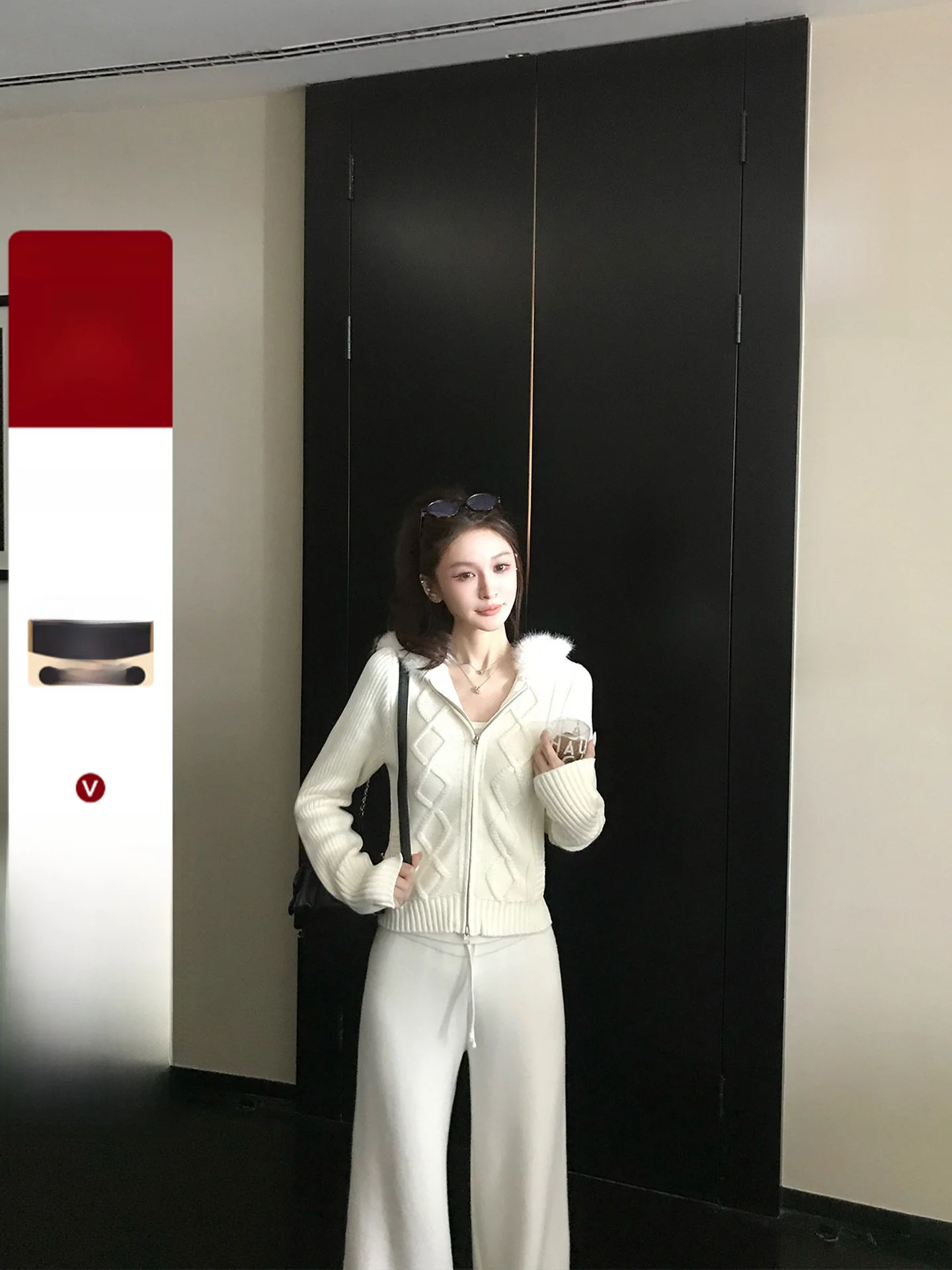 

Экологичный вязаный свитер-пальто с меховым воротником для женщин, приталенный, с длинными рукавами, на молнии, теплая зимняя верхняя одежда