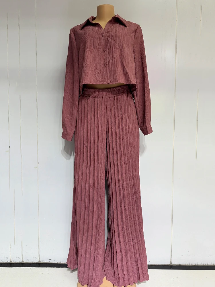 Solid color lapel long-sleeved short shirt two-piece set 2025 Autumn women's fashion set + pleated loose wide-leg pants