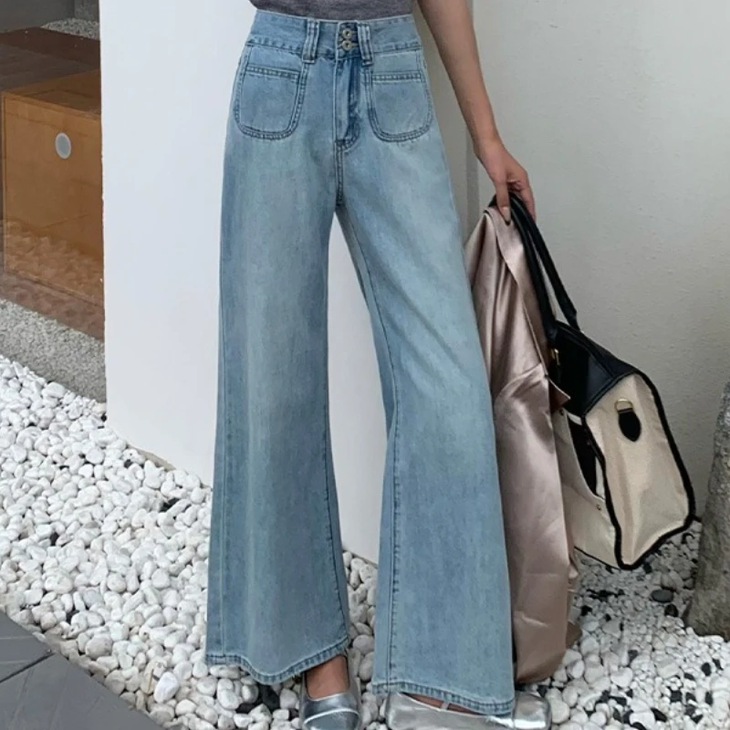 

2025 Spring and Autumn New Retro High Waist Button Pocket Design Straight Loose Slimming Wide Leg Jeans for Women