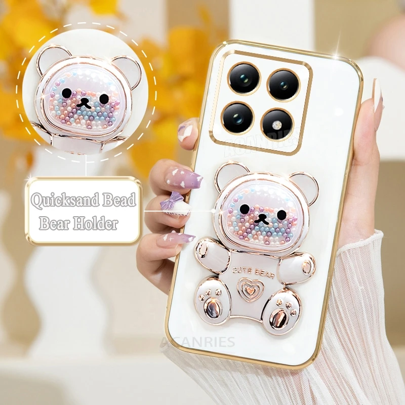 Mi14t Luxury Quicksand Bear Holder Plating Case For Xiaomi Mi 14t Pro 14tpro Mi14 14 T Silicone Stand Cover Xiaomi14t Mi14tpro