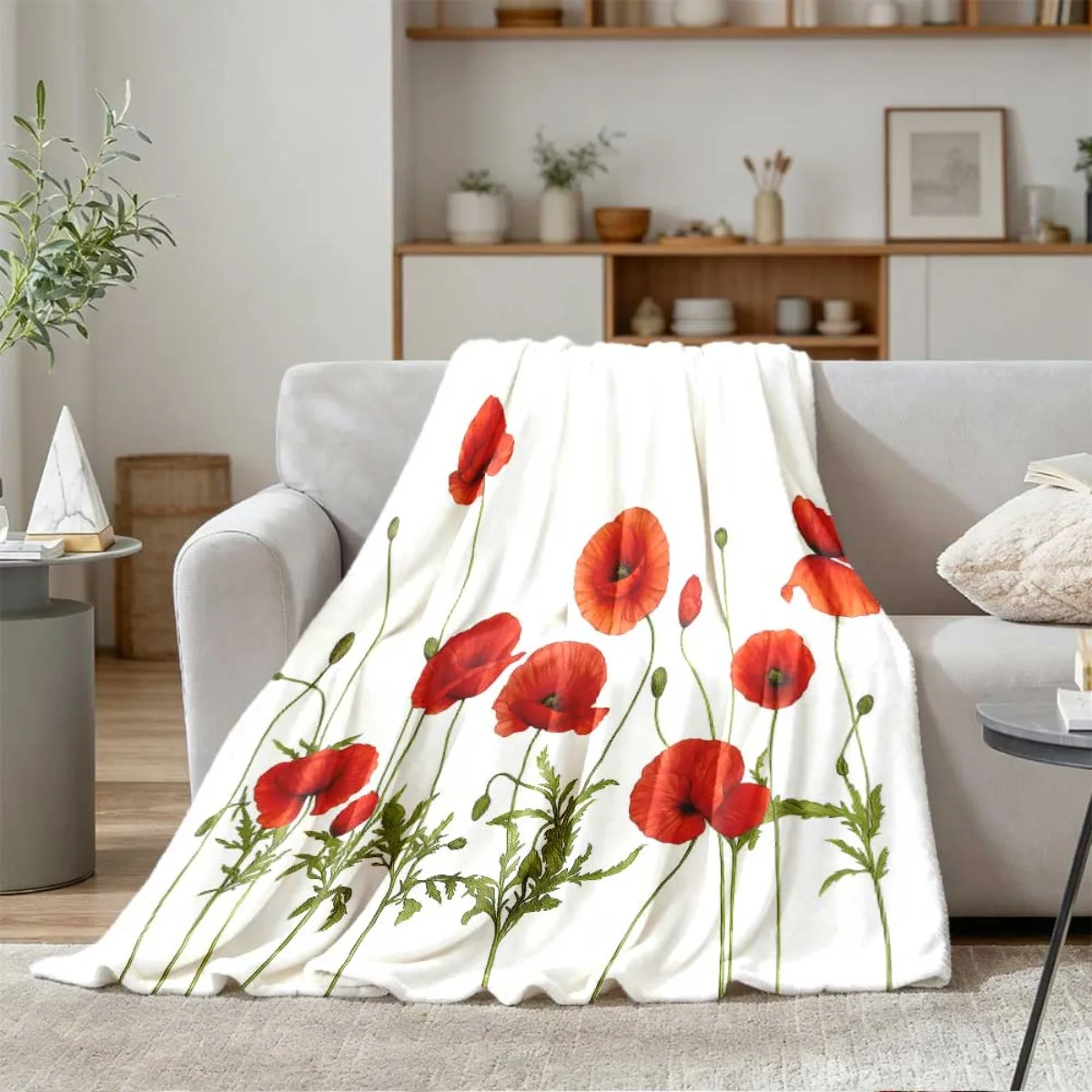 Red Poppy Flower Flannel Throw Blanket, Watercolor Bright Red Poppies Print Soft Warm Blanket for Sofa Bedroom Home Decor