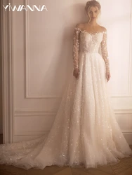 Sparkly Sequins Pearls Wedding Dress Classic O-neck Bride Robe 2025 Graceful Long Sleeve Bridal Gown Customized Robe De Mariée