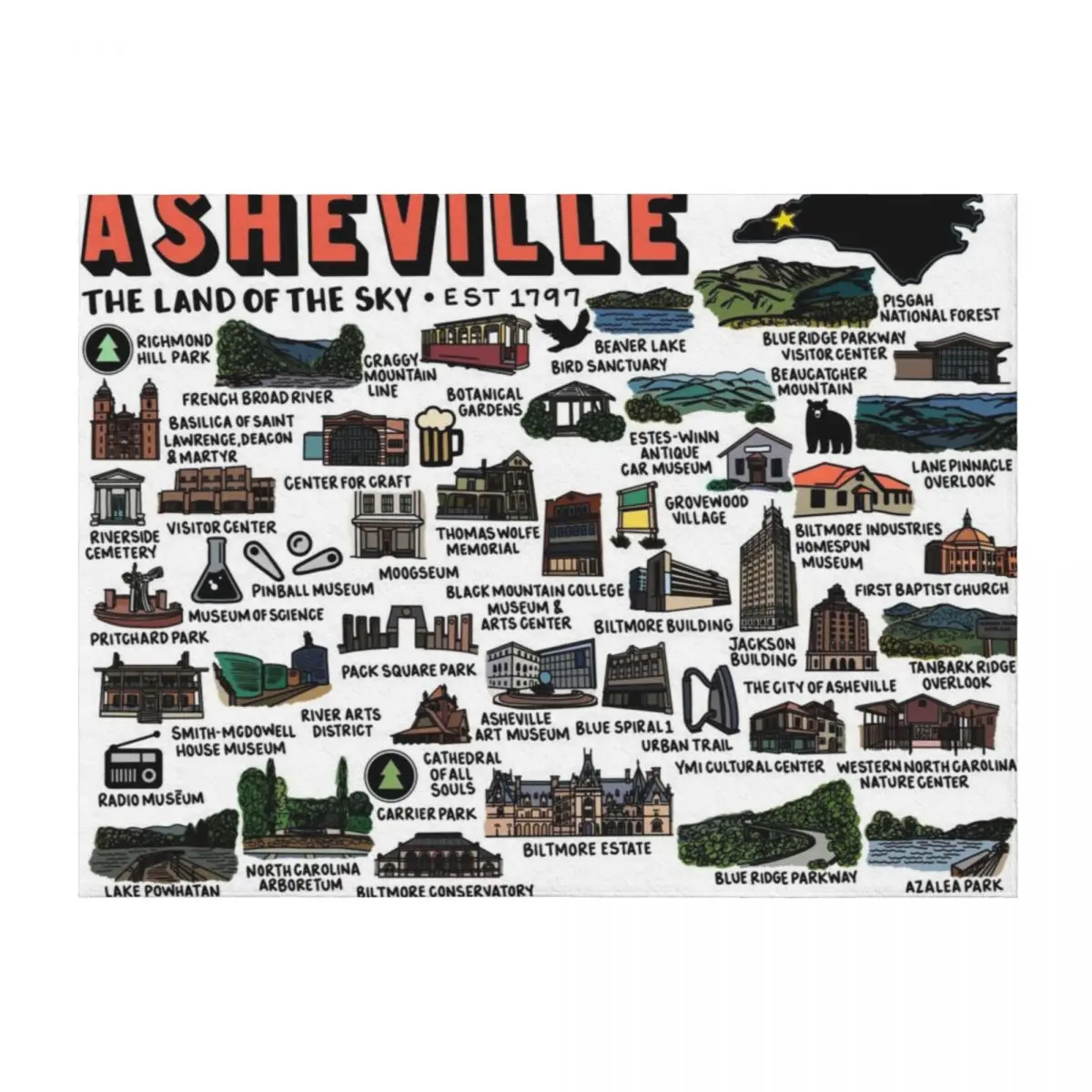 

Asheville Map Art Throw Blanket Luxury Designers valentine gift ideas Picnic Blankets