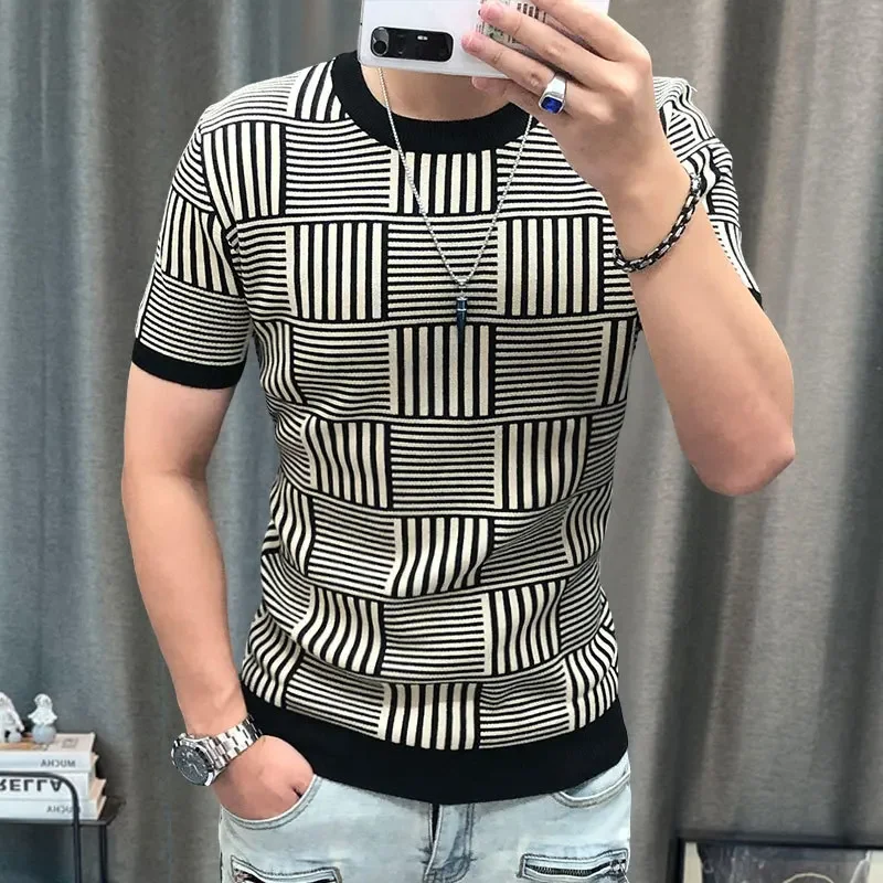 Men Streetwear Print Knitted Sweater Tees High Elasticity Contrasting Stripes Pattern Short Sleeve Tshirt Slim Bottomed Shirt