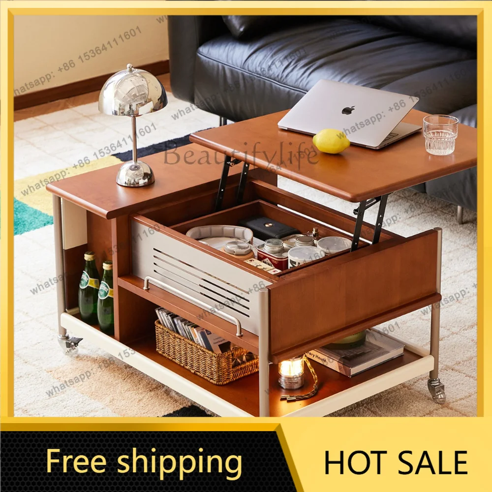 LD mobile lifting coffee table medieval solid wood folding mobile lifting small coffee table