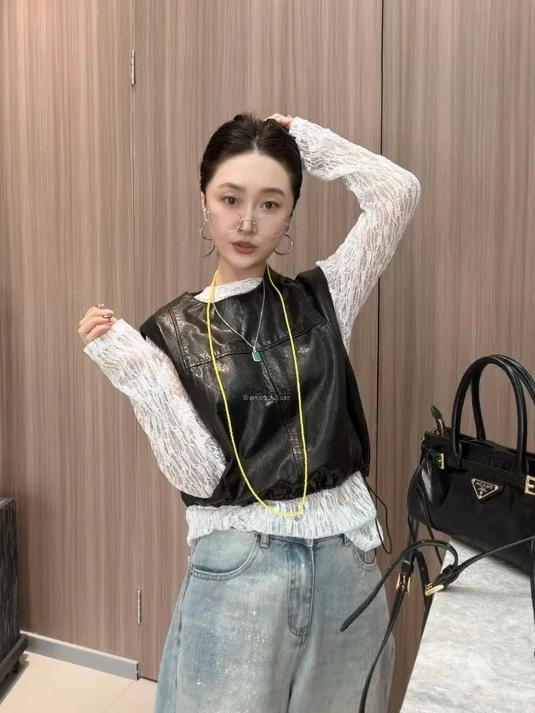 

2025 New Women's Leather Vest ort Svel Jaet Slim Fit Versatile Trendy Outerwear Commute Sle Top Layer Cowhide