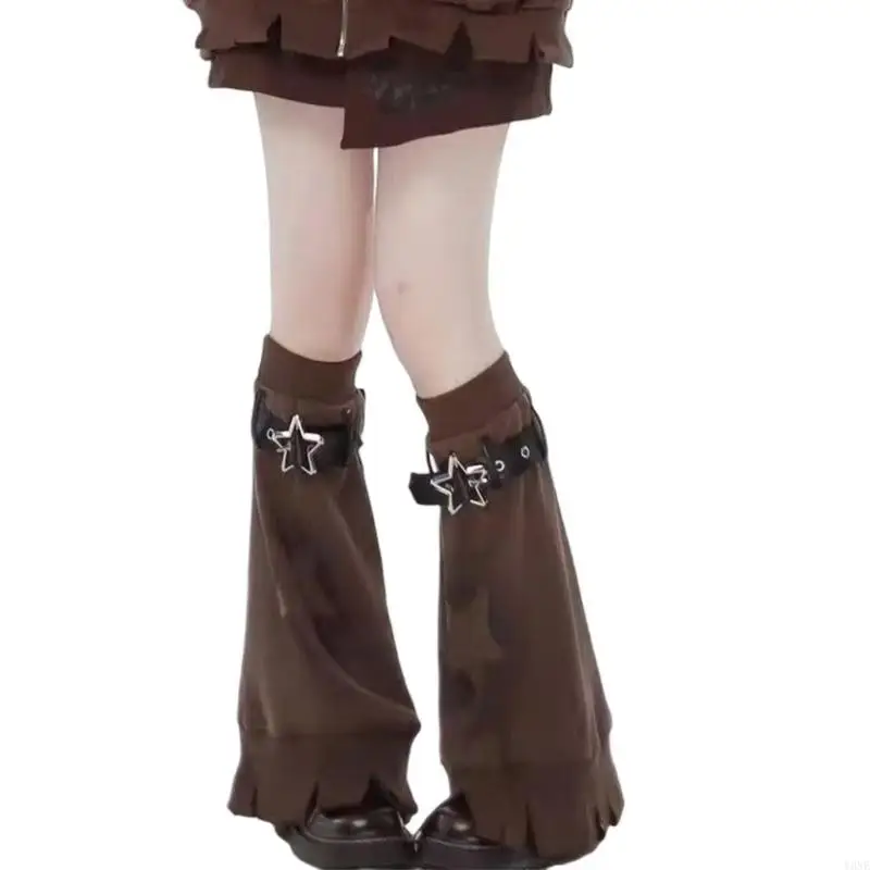 Y3NE Brown Star Pattern Leg Warmers with Adjustable Leather Buckle Strap for Women Punk Flared Leg Covers Footless Socks