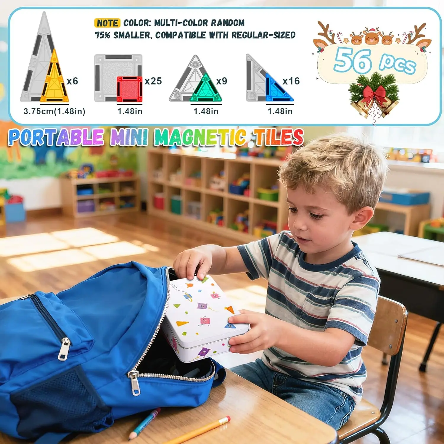 بلاط مغناطيسي 56 قطعة ألعاب سفر للأطفال مجموعة مكعبات بناء مغناطيسية صغيرة مع صندوق حديد لعبة مغناطيسية هدايا عيد الميلاد وأعياد الميلاد #6