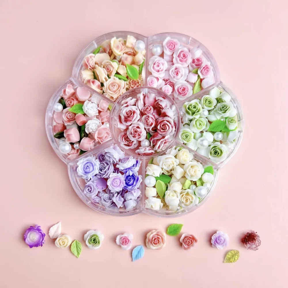 7Grids Pink Rose Flower 3D Nail Charms Mixed Pearl Beads Rhinestone Resin Decorations Nail Accessories Supplies