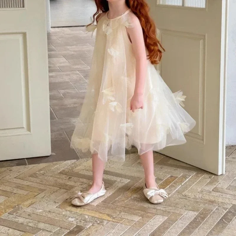 

Girls' 2025 Summer Dress with Mesh Three Dimensional Flower Lace Solid Color Dress