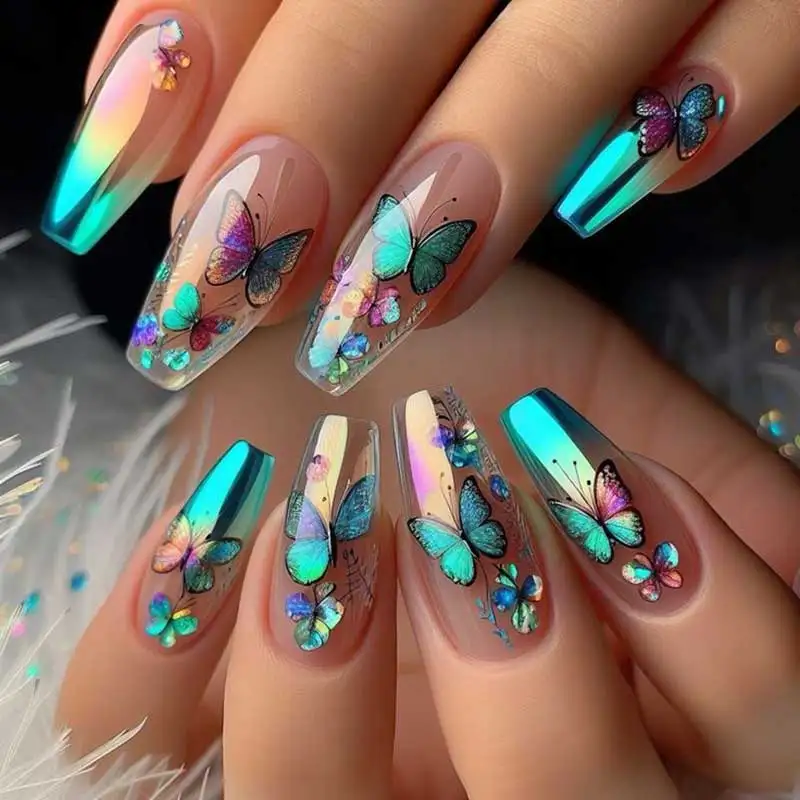 1pcs 3D Aurora Laser Butterfly Nail Art Stickers Shiny Holographic Butterflies Nail Decals 8*10cm Self-Adhesive Nail Decorations
