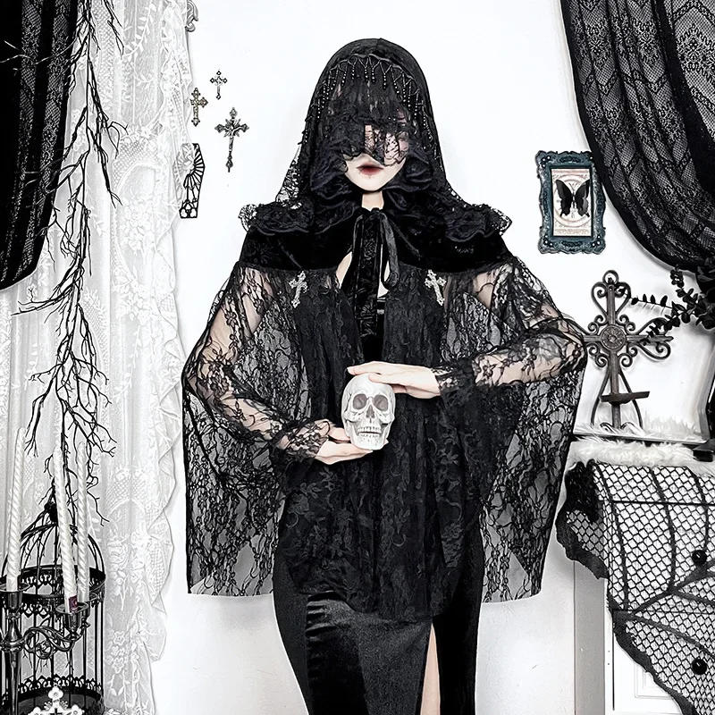 

Black Witch Halloween Magical Cloak for Women Gothic Dark Sexy Slightly Sheer Lace Women Top Garment.