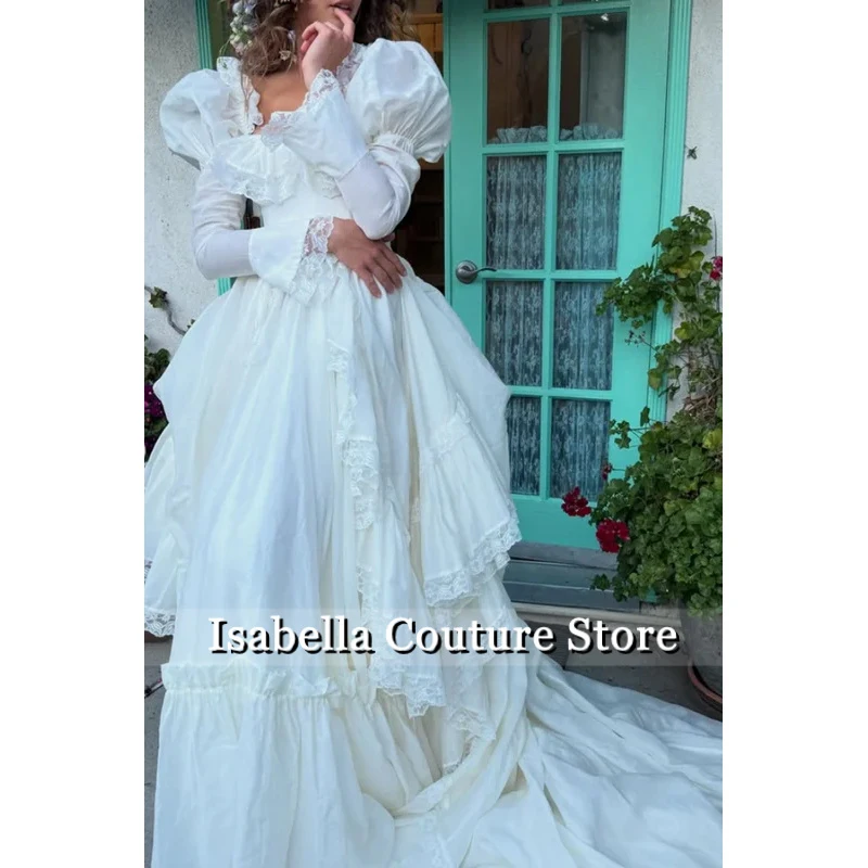 Sweet Princess Evening Dresses Long Sleeves White Prom Dresses Lace Multi-layer Party Vestidos De Gala Customized
