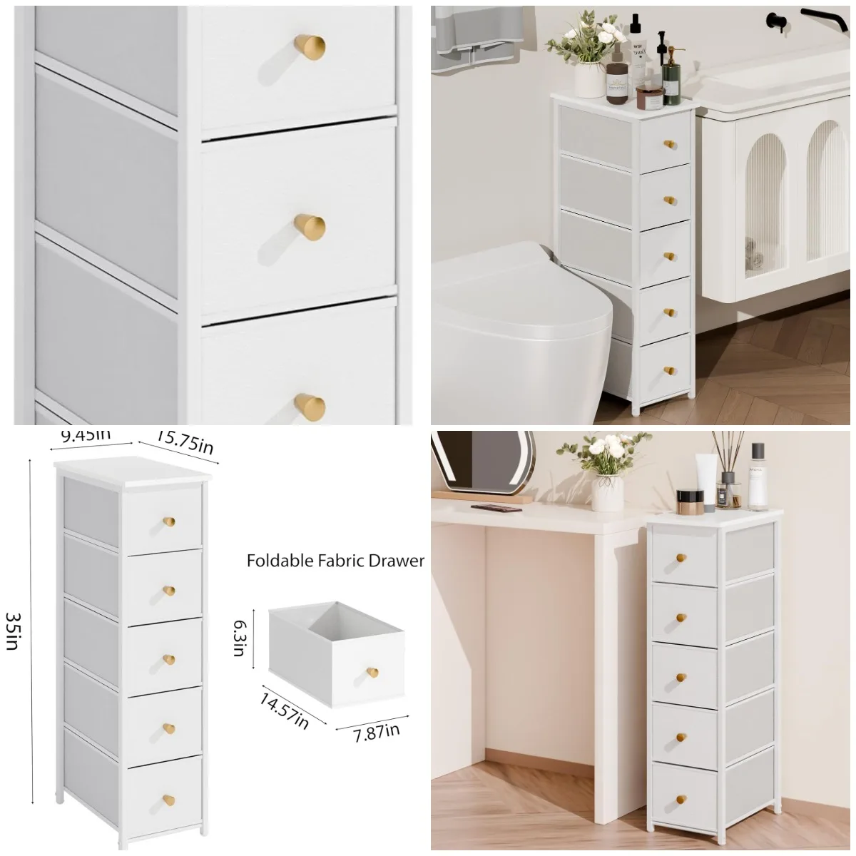 

Slim White Bathroom Dresser, 5-Drawer Narrow Storage Cabinet for Small Spaces, Tall Dorm Nightstand