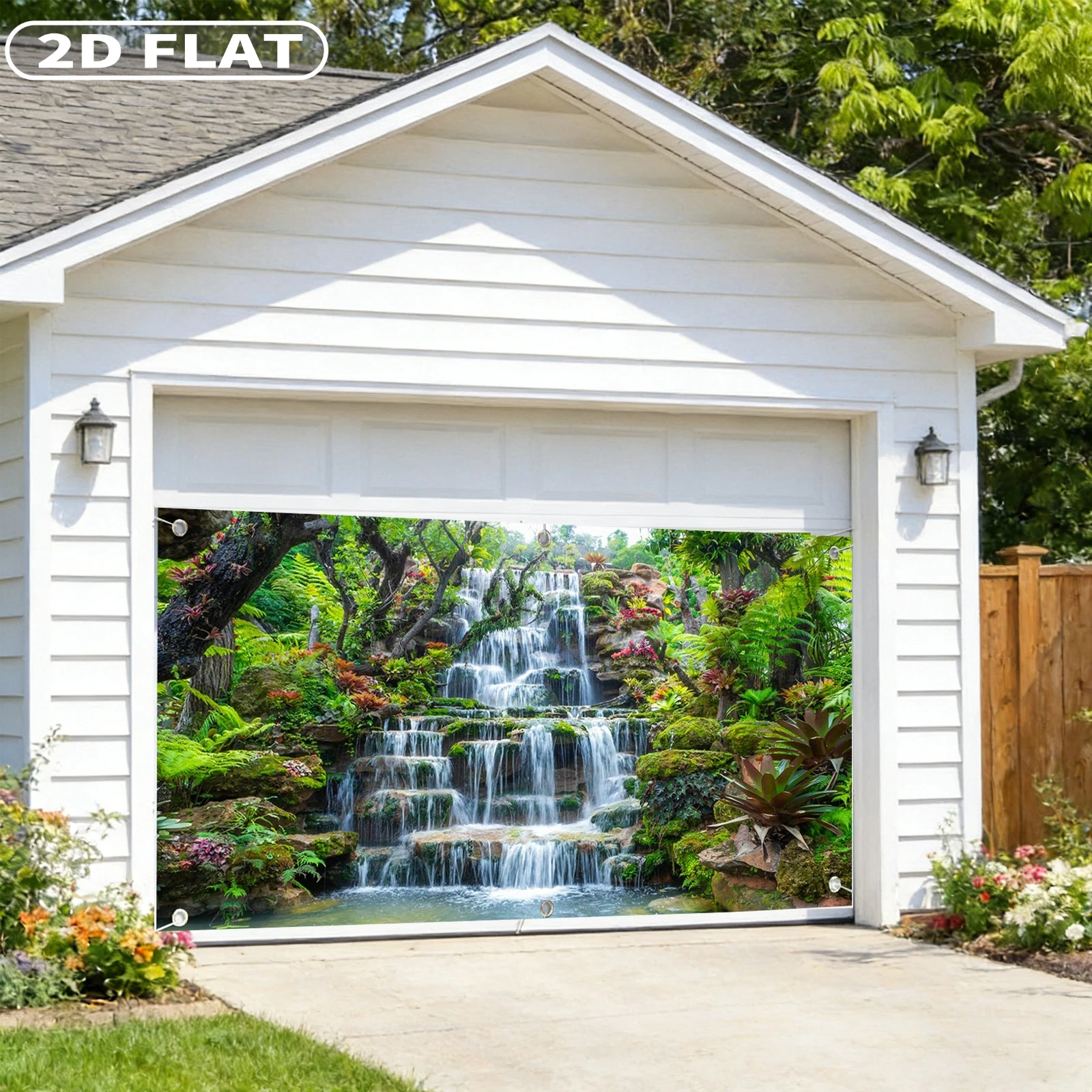 

2D FLAT 1pc Large Vintage Landscape Garage Door Decor Polyester Spring and Summer Forest Waterfall, 3 Sizes Are Available