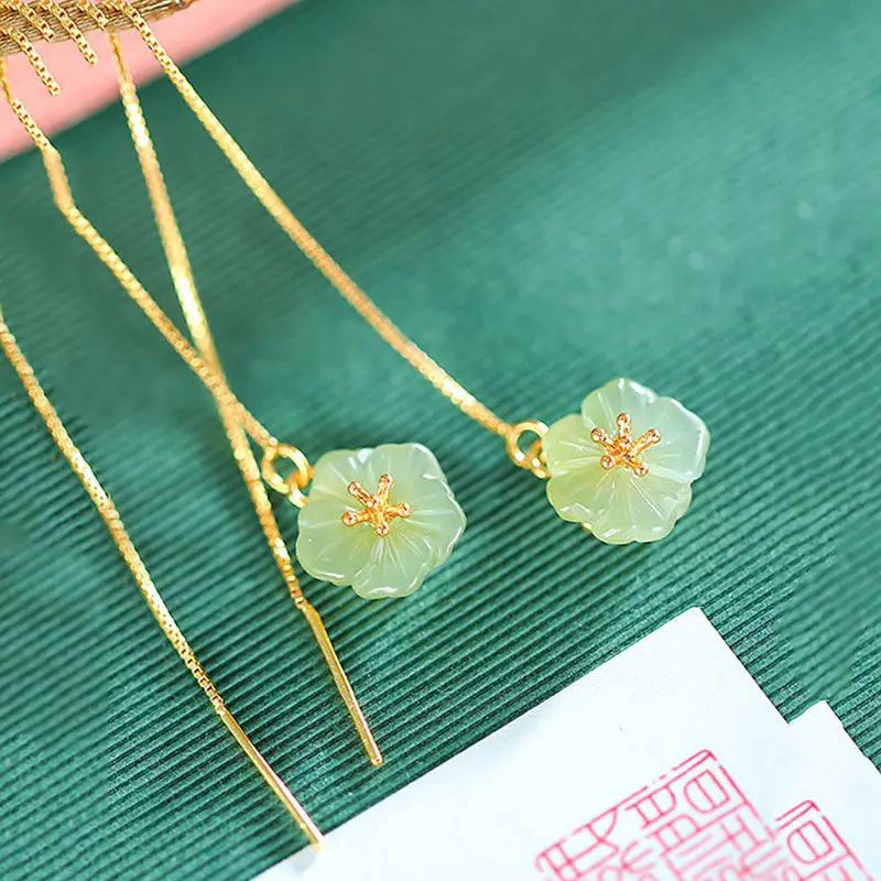 Natural jade plum flower earrings for women Fresh long dangle ear strip new in vintage wedding Jewelry gift for girlfriend