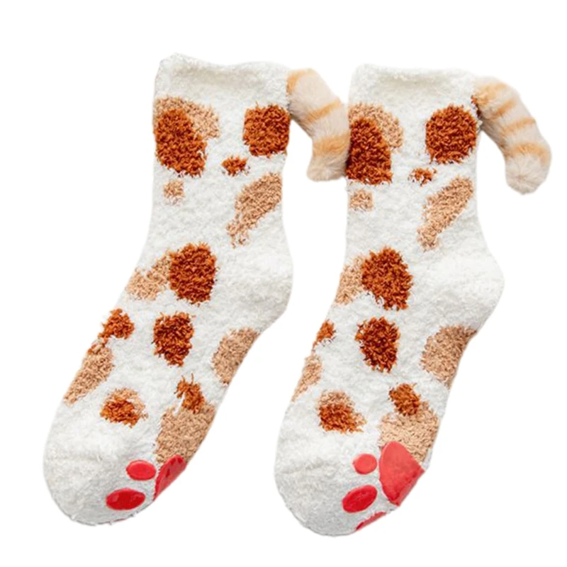 Women Winter for Cat Paw Fuzzy Slipper Socks with Grippers Cartoon 3D Kitten Plush Tail Anti-Skid Warm Dropshipping