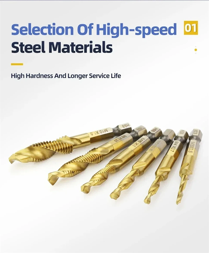 6 stücke Tap Titan Überzogene Sechskantschaft Bohrer Bits HSS Schraube Gewinde Metrische Taping Schraube Maschine Verbindung Werkzeug M3-M10 hand Werkzeuge – Detail 4