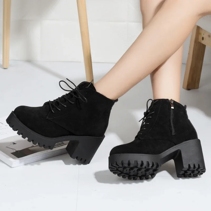 2024 New Women's Shoes Ankle Women's Boots Fashion Front Lace-up Modern Boots Women Hot Sale Round Toe Side Zipper Heels Women