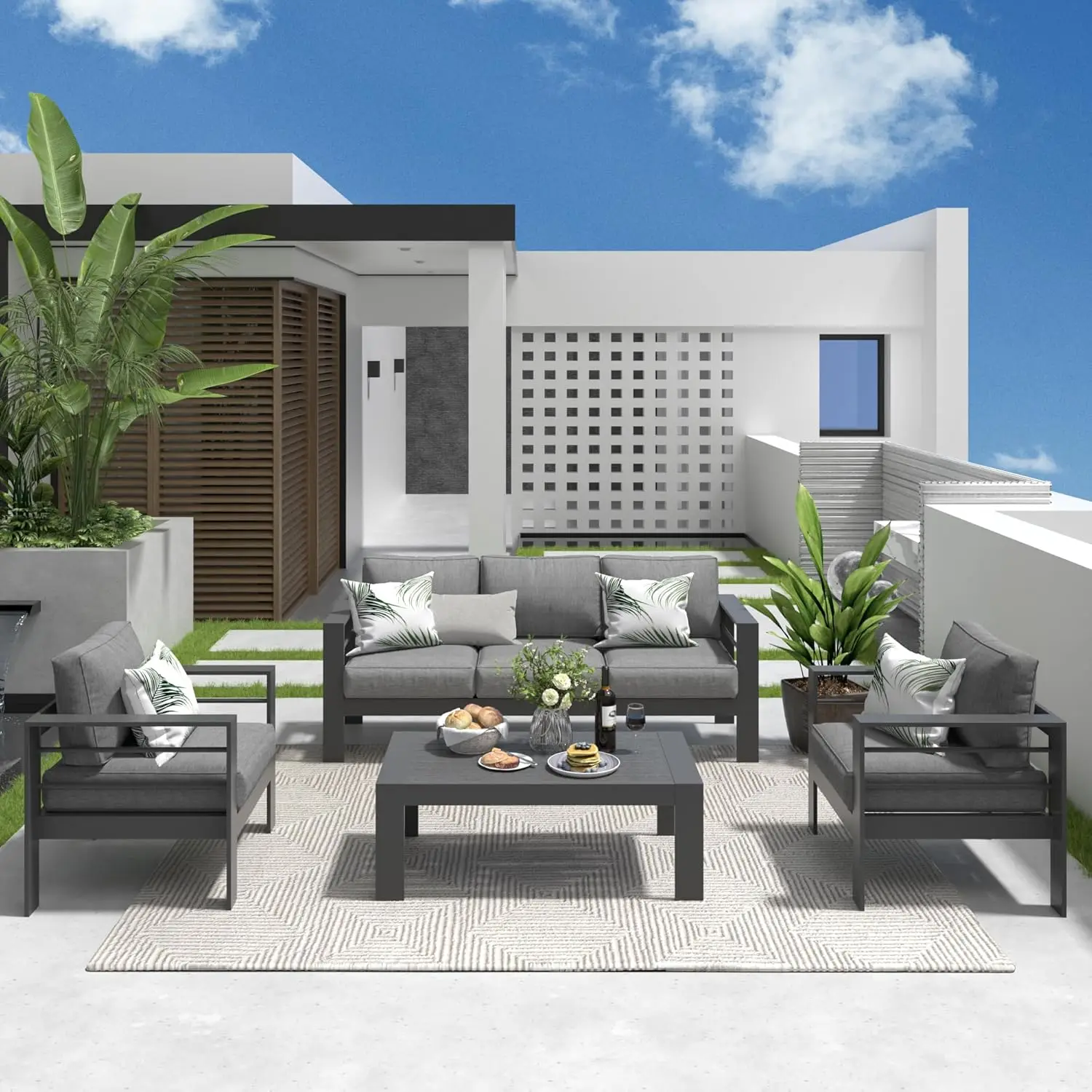 

Aluminum Patio Furniture Set, 4 Pcs Modern Outdoor Conversation Set Sectional Sofa with Upgrade Cushion and Coffee Table