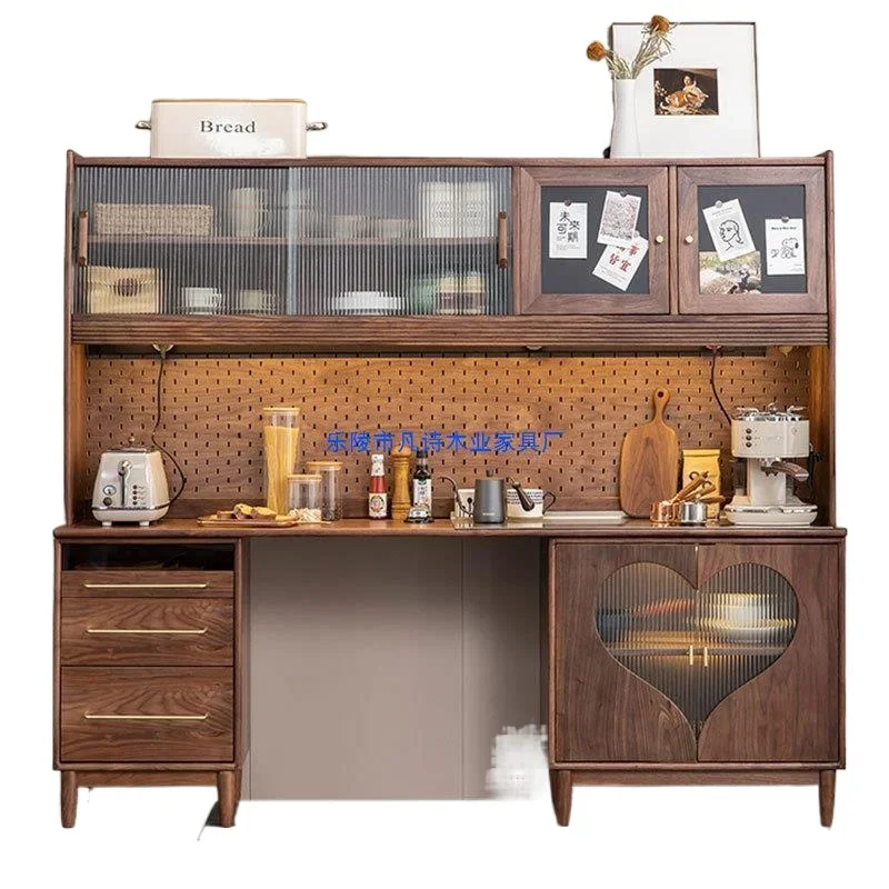 

Black walnut high cabinet wine cabinet dining table integrated living room wall solid wood multi-functional storage combination