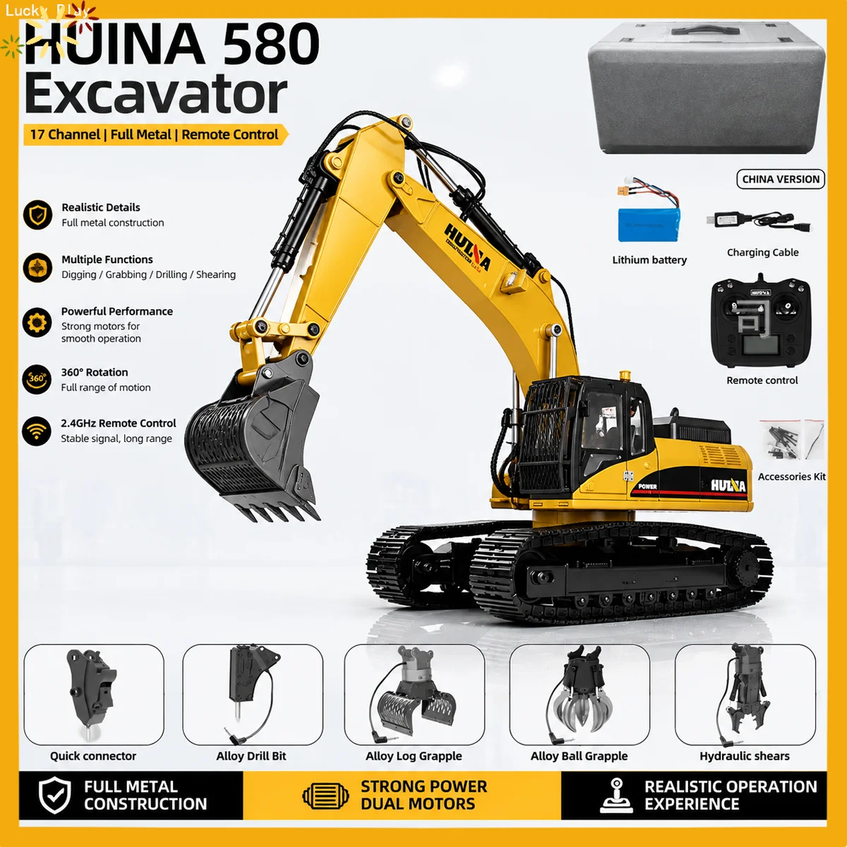 HUINA Metal Upgrade 580 1/14 Excavator Construction Model Car Electric Ball Grabber 360 Rotating Shear Claw Sound Lights Toy
