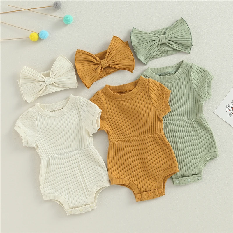 Summer Infant Baby Girls Romper Cotton Baby Jumpsuit Solid Color Short Sleeve Playsuit with Bow Headband Toddler Clothes