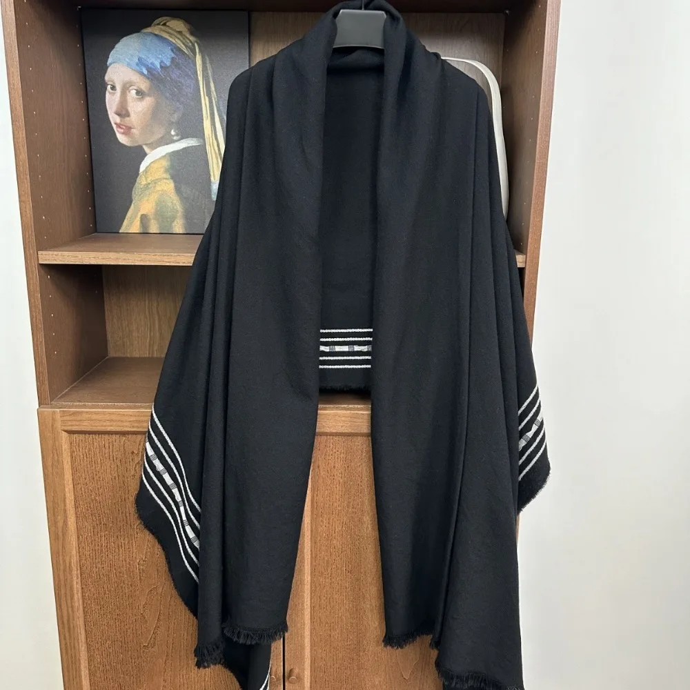 شال وشاح جاكار مخطط من الصوف الخالص بنسبة 100% بتصميم بسيط